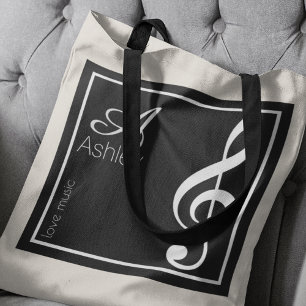 Name, Initial & White Treble Clef, Music Black Tote Bag