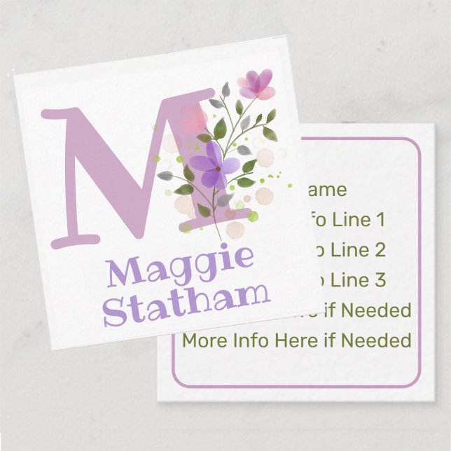 Name & Initial with Floral Design Hand-Out Square Business Card (Creator Uploaded)