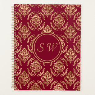 Name Initials Gold Damask On Burgundy Wedding Planner