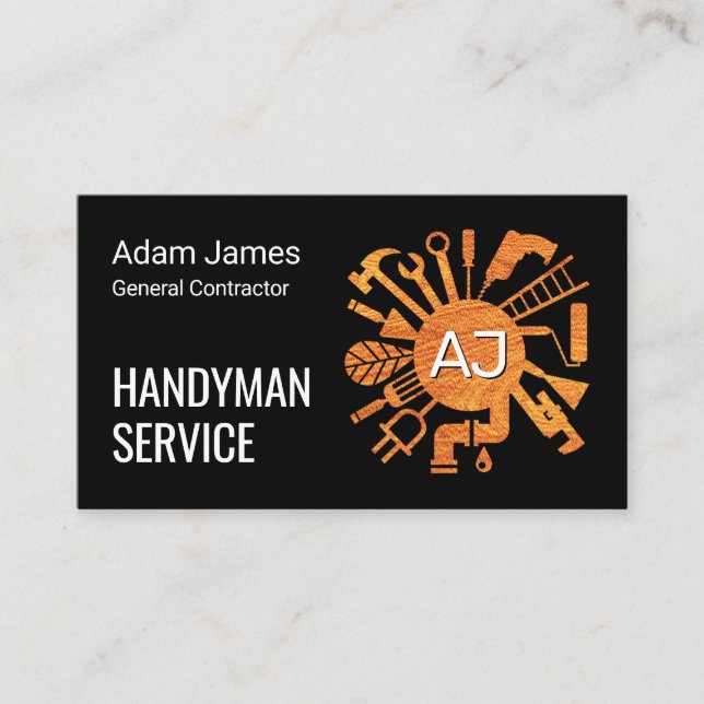 Name Initials Monogram Handyman Tools Business Card (Front)