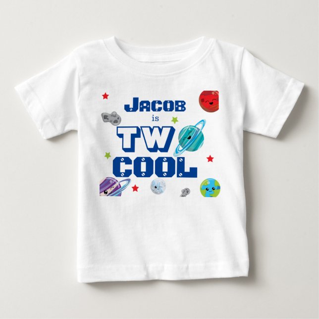 Name is Two Cool Space Planets stars birthday Baby T-Shirt (Front)