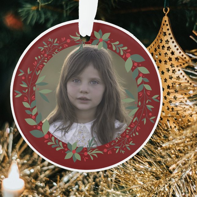 Name Kid's Photo Burgundy Christmas Wreath Ornament (Creator Uploaded)