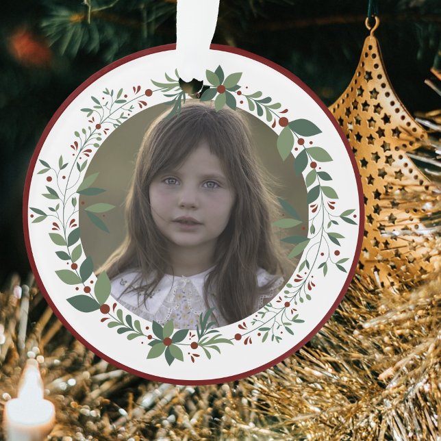 Name Kid's Photo Burgundy Christmas Wreath Ornament (Creator Uploaded)