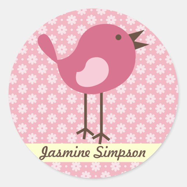 Name Labels/Stickers Pink Bird - Daisy Design Classic Round Sticker (Front)