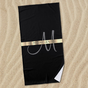 Name & Large Monogram, Dark Grey Black Gold Beach Towel