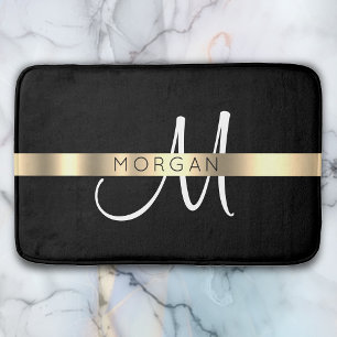 Name & Large Monogram, White Black Gold Bath Mat