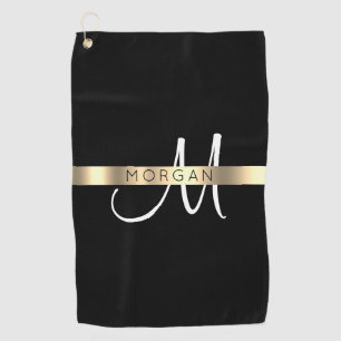 Name & Large Monogram, White Black Gold Golf Towel