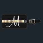 Name & Large Monogram, White Black Gold Luggage Tag<br><div class="desc">Personalise black name and large white monogram on this elegant faux metallic gold stripe design on black background.</div>