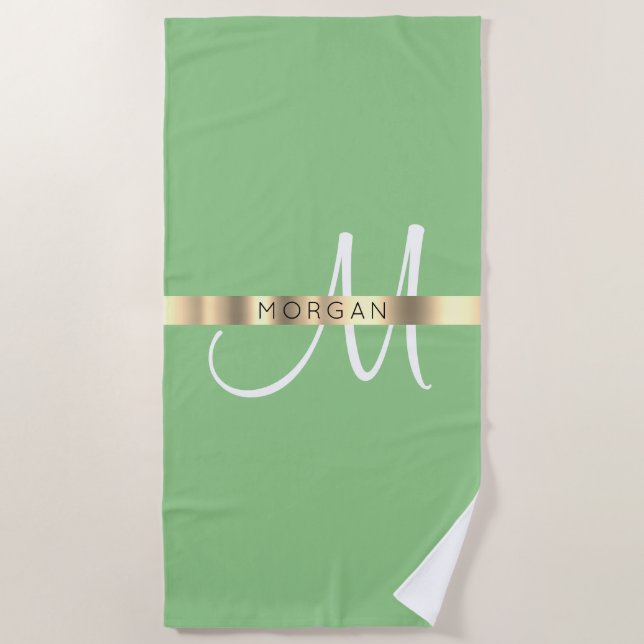 Name & Large Monogram, White Sage & Gold Beach Towel (Front)