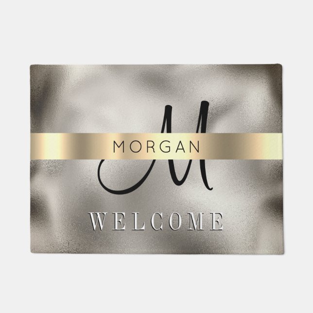 Name & Lg Monogram, Message, B/W Text, Gold/Silver Doormat (Front)