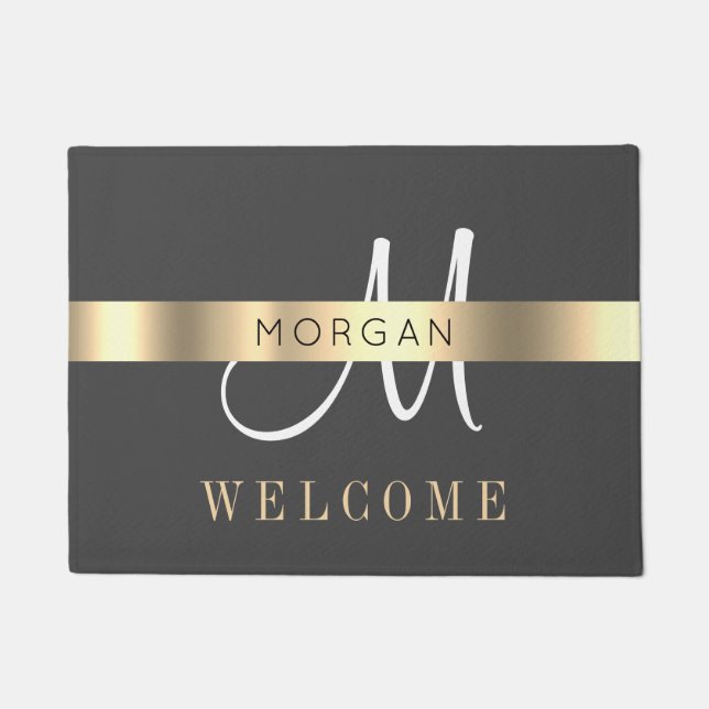 Name & Lg Monogram, Message, Dark Grey White Gold Doormat (Front)