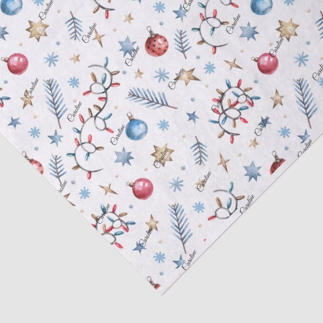 Name, Lights Ornaments Stars Whimsical Christmas Tissue Paper (Detail)