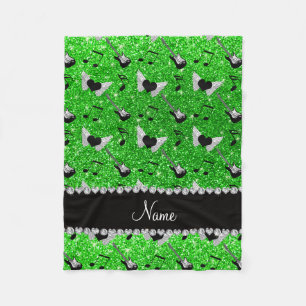 Name lime green glitter guitars heart wings music fleece blanket