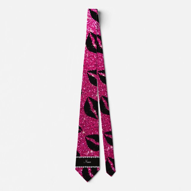 Name lipstick kisses neon hot pink glitter tie (Front)