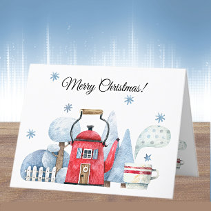 Name, Magical Red Tea Kettle Winter House  Holiday Card