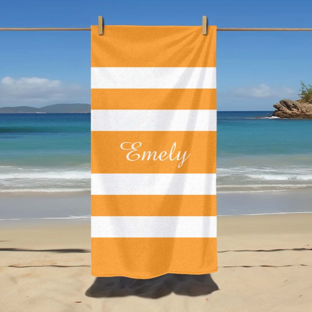 Name Marigold Orange And White Stripes Pattern Beach Towel (Modern Name Orange Striped Pool Beach Towel)