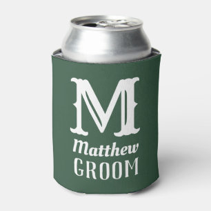 Name Masculine Monogrammed Groom Wedding Green Can Cooler