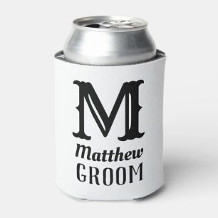 Name Masculine Monogrammed Groom Weddings Black Can Cooler