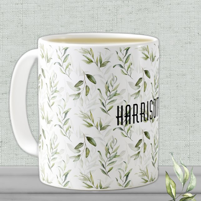 Name, Masculine Watercolor Greenery 11 oz. Classic Coffee Mug (Creator Uploaded)