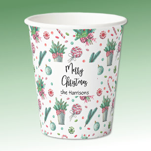 Name, Merry Christmas Ferns Ornaments Candy 8oz Paper Cups