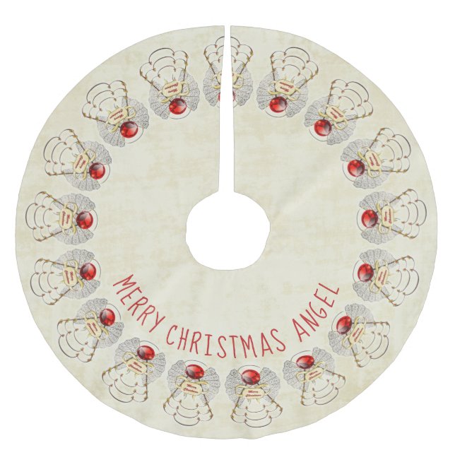 Name: Merry Christmas Filigree Angel Red/Cream Brushed Polyester Tree Skirt (Front)