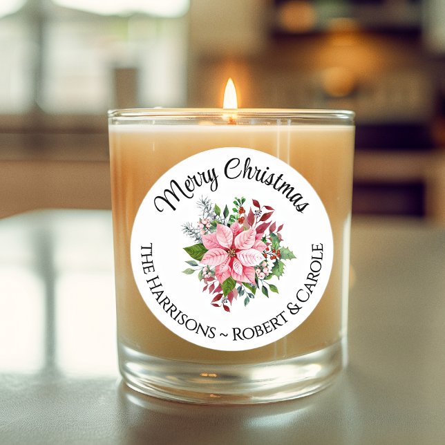 Name Merry Christmas Pink Poinsettia Bouquet 3-in Classic Round Sticker (Creator Uploaded)