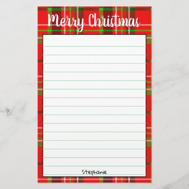 Name Merry Christmas Red/Green Tartan Plaid Stationery (Front)
