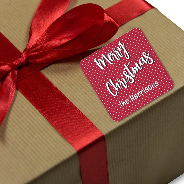 Name, Merry Christmas Red & White Polka Dots  Square Sticker (Creator Uploaded)