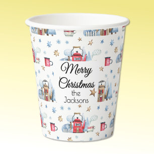 Name, Merry Christmas Winter Teapot Houses 8oz Paper Cups