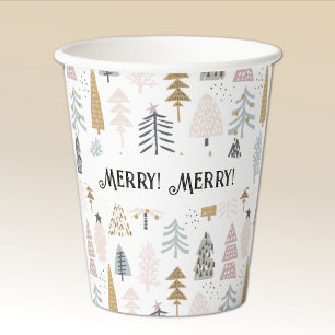 Name, Merry Merry Cute Illustrated Winter Trees Paper Cups
