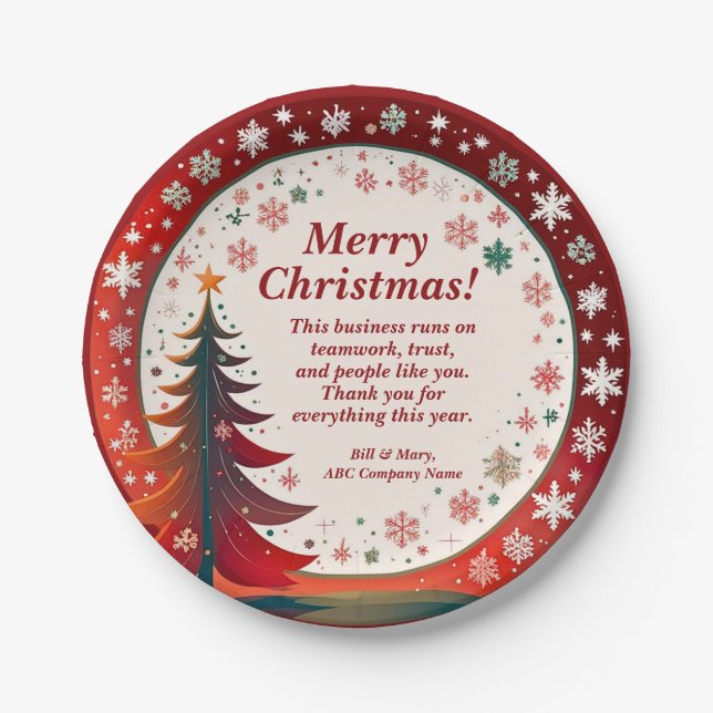 Name Message Company Red, Snowflakes & Tree, 7" Paper Plate (Front)