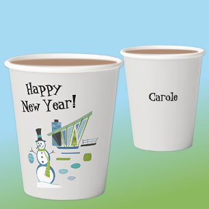 Name, Mid Century Snowman Happy New Year  Paper Cups