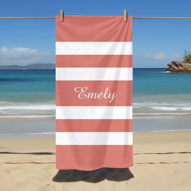 Name Modern Coral Pink And White Stripes Pattern Beach Towel (Custom Name Modern Name Coral Pink Striped Pool Beach Towel)