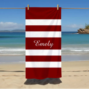 Name Modern Elegant Red And White Stripes Pattern Beach Towel