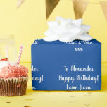 Name Modern Script Typography Blue Happy Birthday Wrapping Paper<br><div class="desc">Personalised birthday gift wrap in blue and white. It has a typography design with the message, “To Alexander Happy Birthday! Love from Mum and Dad xxx” in stylish white script typography. To personalise, you can add your details, who the present is for and who it is from, in the personalise...</div>