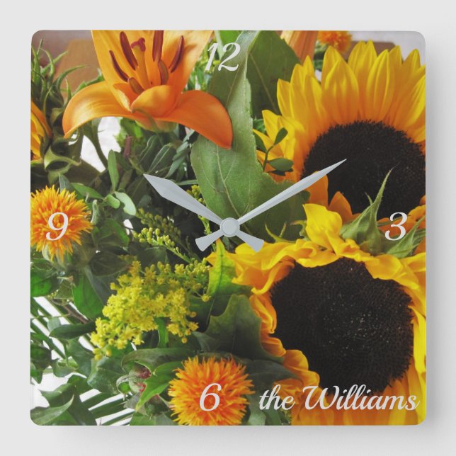 Name, Modern Sunflowers Print Square Wall Clock (Front)