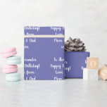 Name Modern Typography Periwinkle Happy Birthday Wrapping Paper<br><div class="desc">Modern personalised birthday gift wrap in periwinkle and white. It has the message, “To Alexander Happy Birthday! Love from Mum and Dad xxx” in stylish white script typography and.a periwinkle blue / purple background. To personalise, simply type the name of your loved one, and your name(s) in the personalise this...</div>