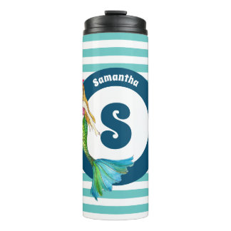 Name Monogram Beautiful Mermaid Turquoise Stripes Thermal Tumbler