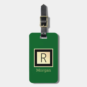 Name & Monogram, Black & Gold Box, Forest Green Luggage Tag