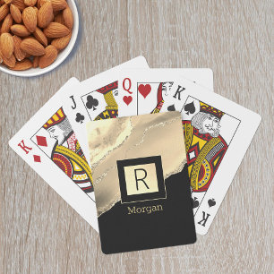 Name & Monogram, Black & Gold Box, Gold Agate Playing Cards