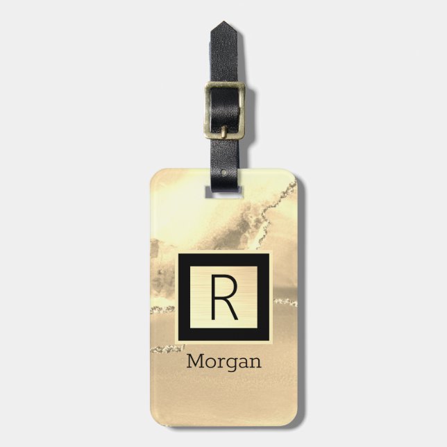 Name & Monogram, Black & Gold Box  Luggage Tag (Front Vertical)