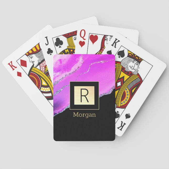 Name & Monogram, Black & Gold Box, Purple Agate Playing Cards (Back)
