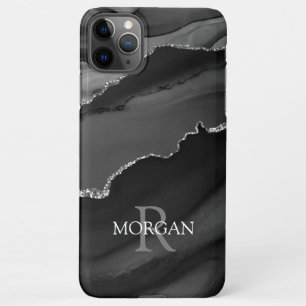 Name & Monogram, Black Grey Agate, Grey White Text iPhone 11Pro Max Case