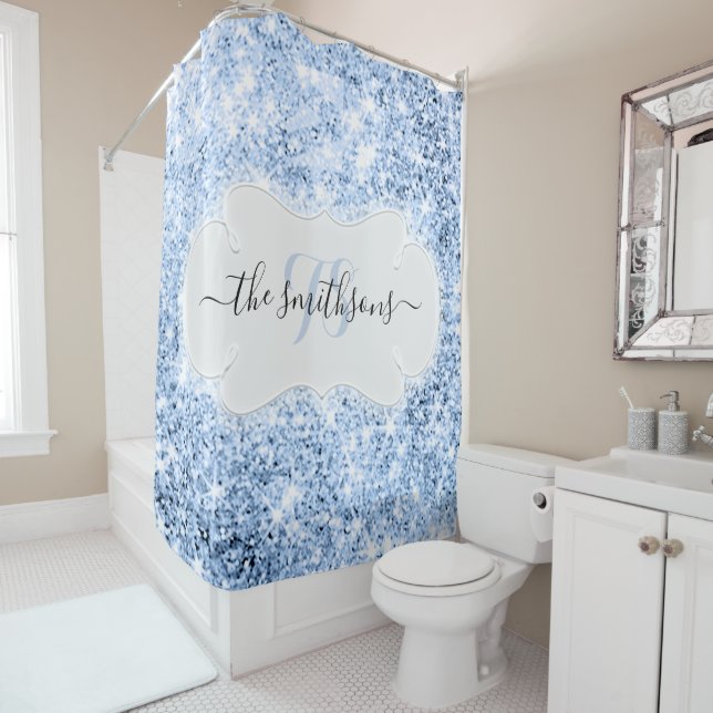 Name Monogram Blue Bridal Glitter New Wedding Shower Curtain (In Situ)