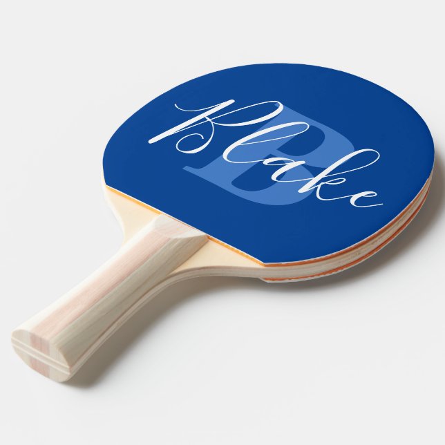 Name monogram blue teamwork custom ping pong paddle (Front Angle)