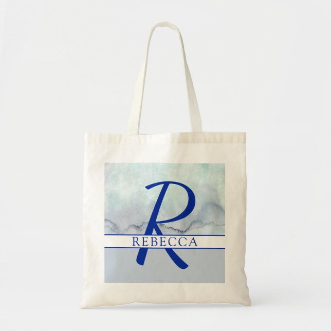 Name | Monogram Blue Watercolor Tote Bag (Front)