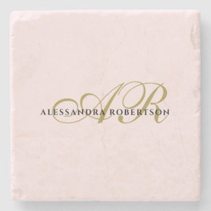 Name Monogram blush pink gold black elegant Stone Coaster