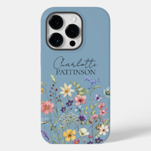 Name Monogram Botanical Wildflower Dusty Blue Case-Mate iPhone 14 Pro Case