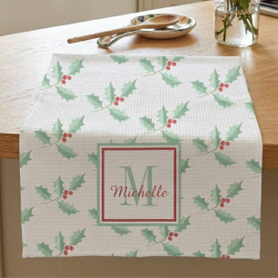 Name Monogram Christmas Holly Tea Towel