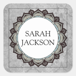 Name Monogram Decorative Stylised Floral Edge Grey Square Sticker